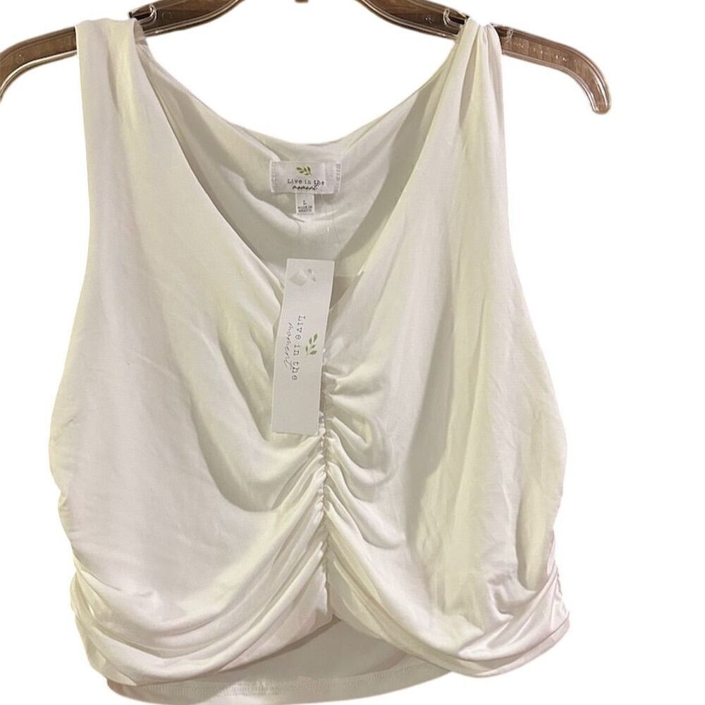 Live in the Moment Women's Ivory Ruched Sleeveless V-Neck Tank Top L - Picture 1 of 7